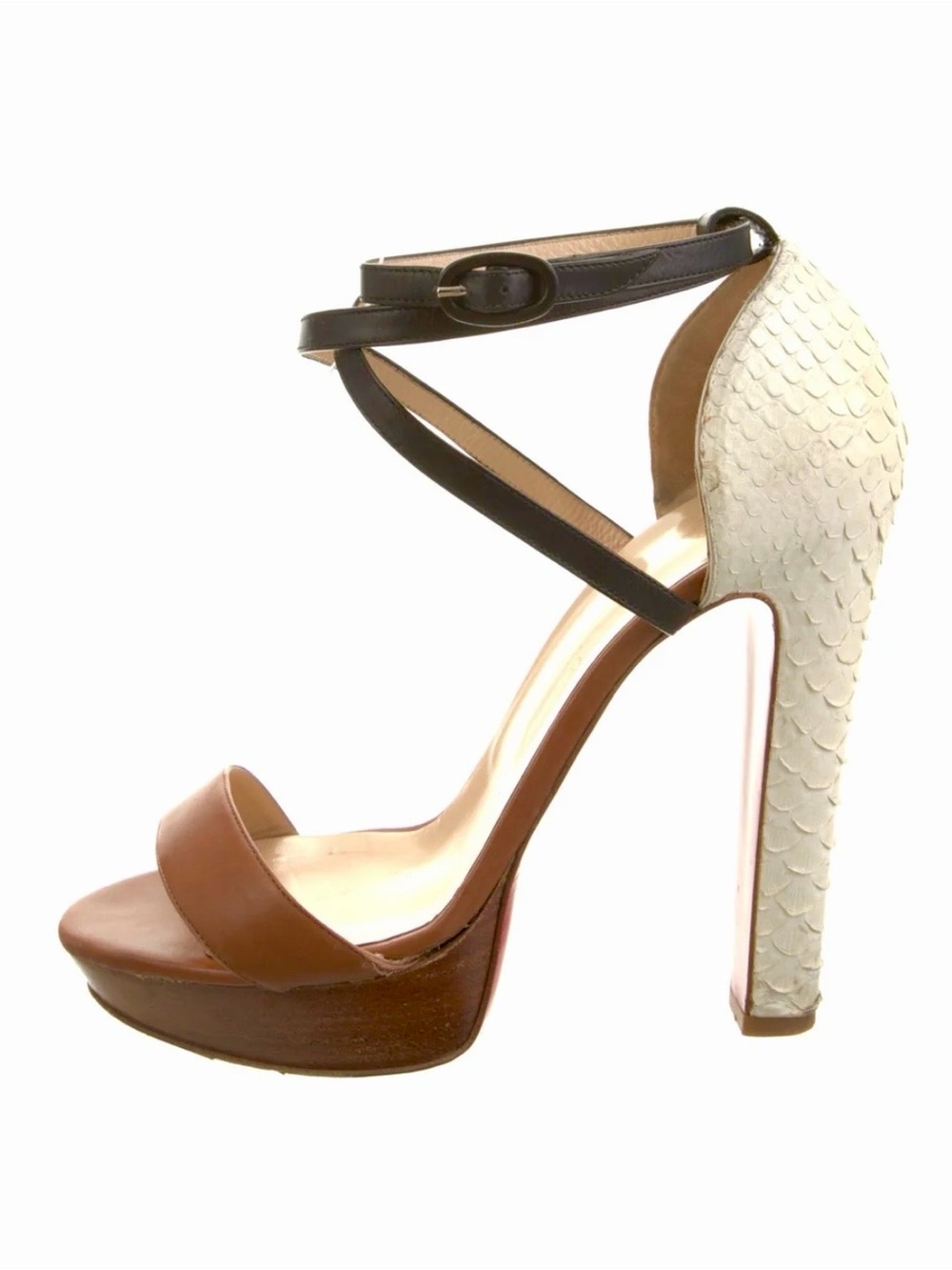 Christian Louboutin Tan, White Python, Black Anke Strap Summerissima Heel in 35